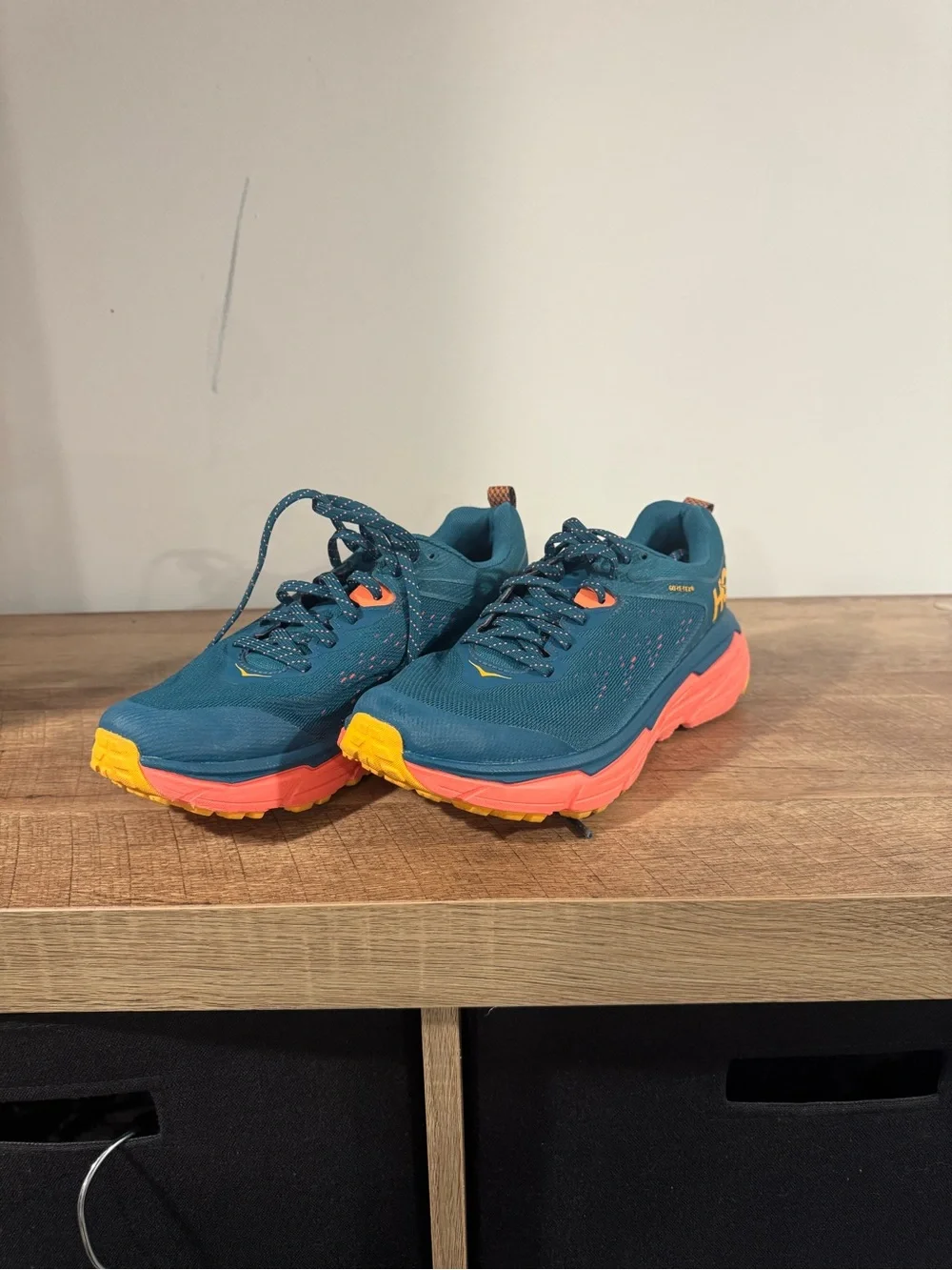 Hoka One One Teal Trail Running Shoes with Coral & Yellow Accents
